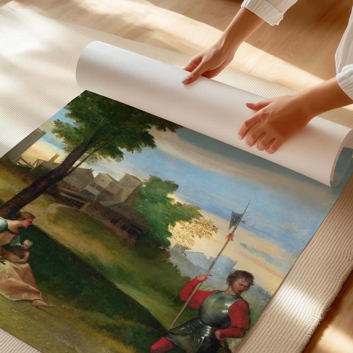 An Idyll: A Mother and a Halberdier in a Wooded Landscape – Titian, Classic Art Reproduction