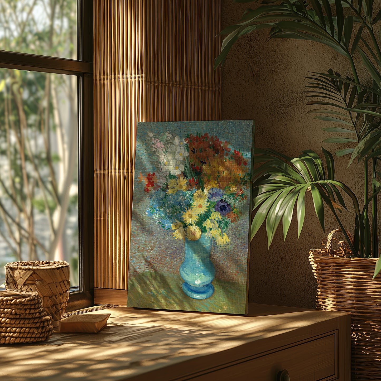 Flowers in a blue vase (1887) – Vincent van Gogh