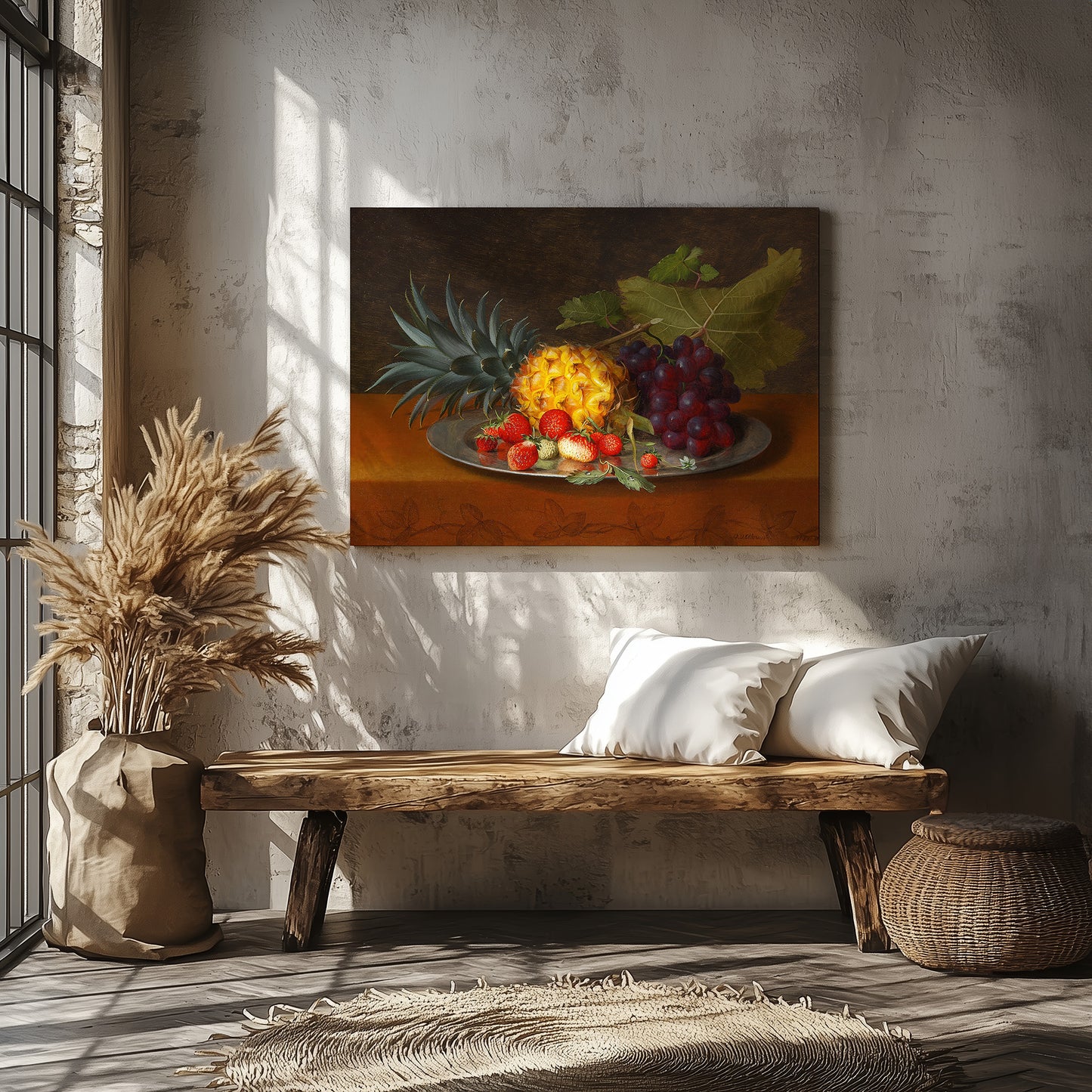 Pineapple, grapes and strawberries on a plate (1851) – Otto Diderich Ottesen