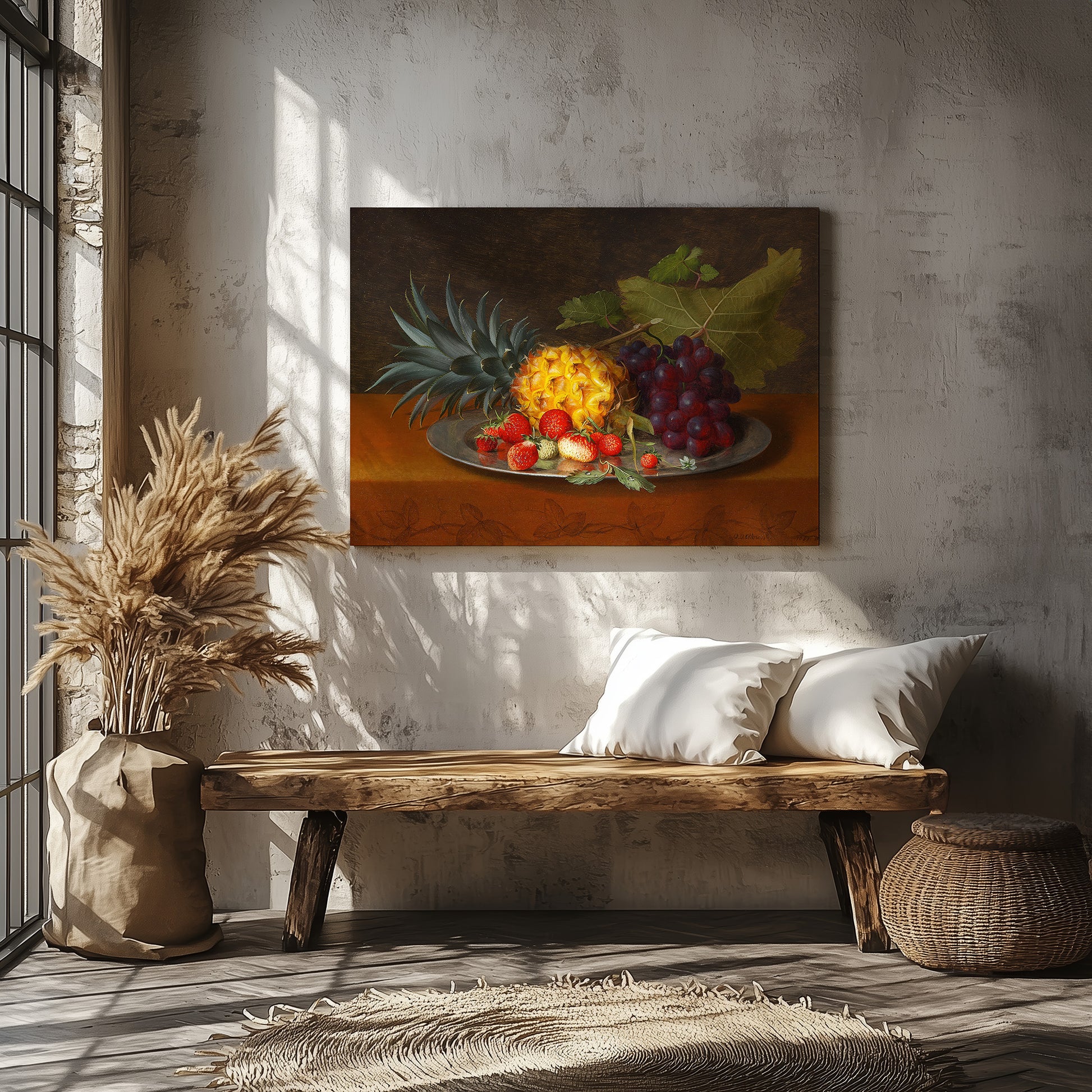 Pineapple, grapes and strawberries on a plate (1851) – Otto Diderich Ottesen