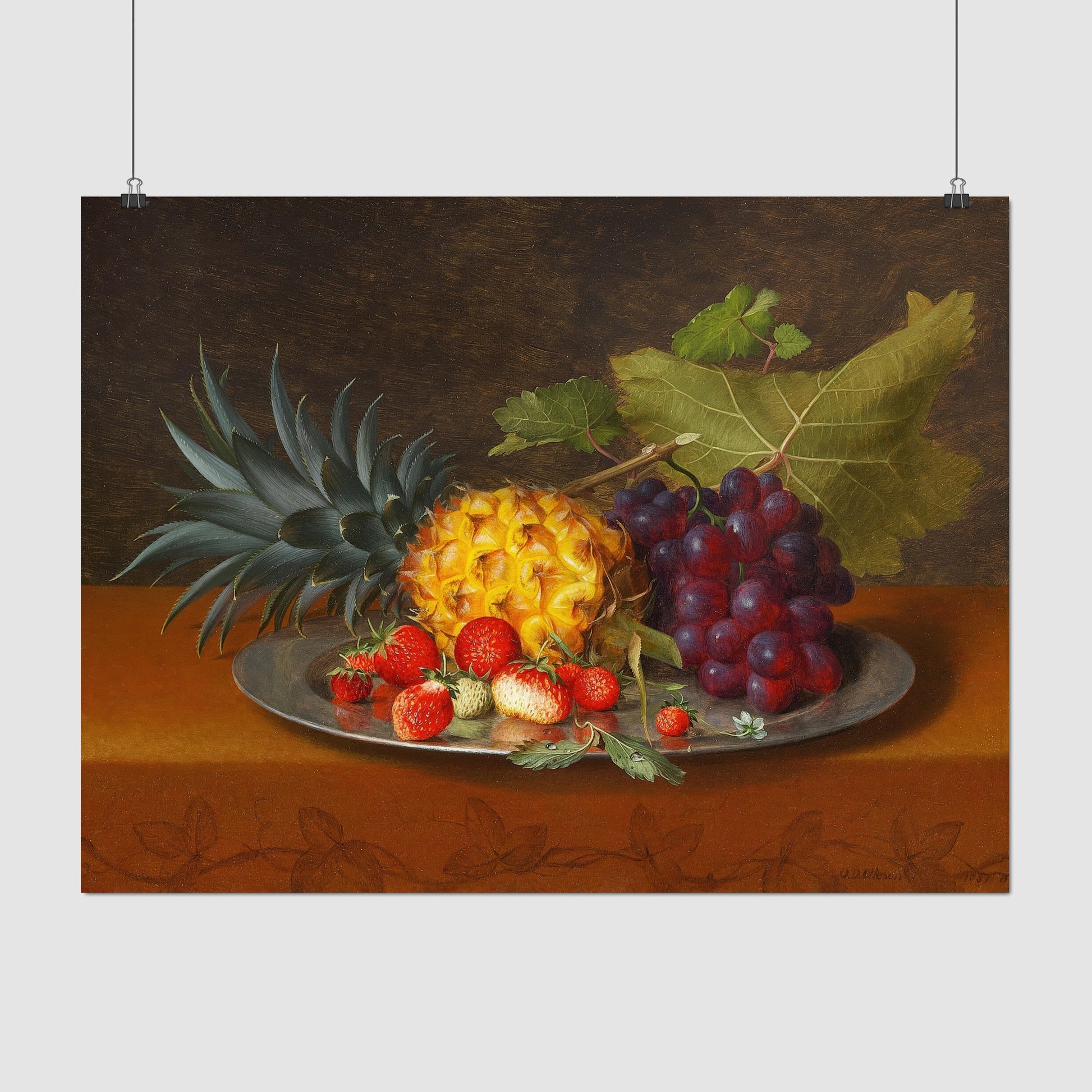 Pineapple, grapes and strawberries on a plate (1851) – Otto Diderich Ottesen